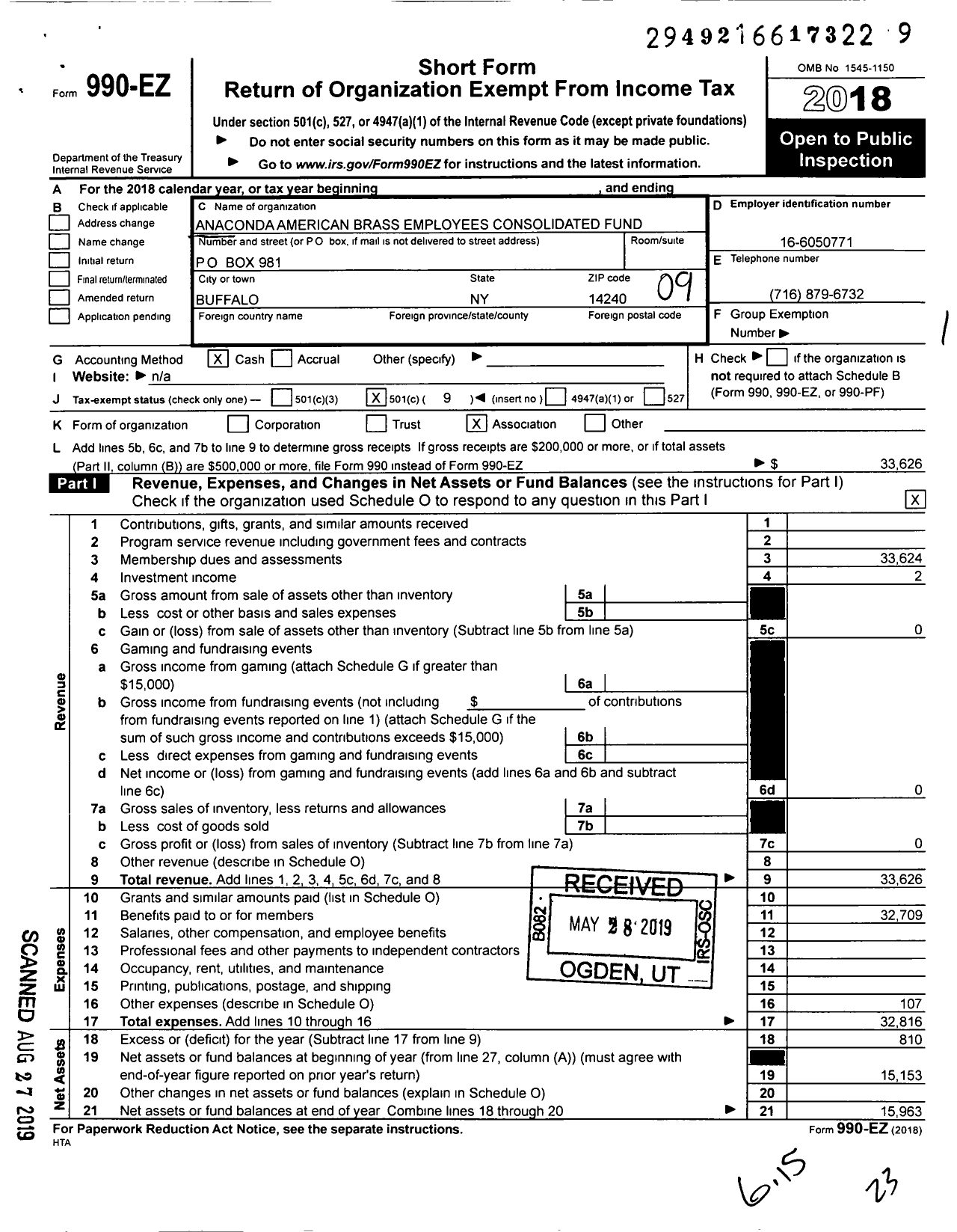 Image of first page of 2018 Form 990EO for Anaconda American Brass Employees Consolidated Fund