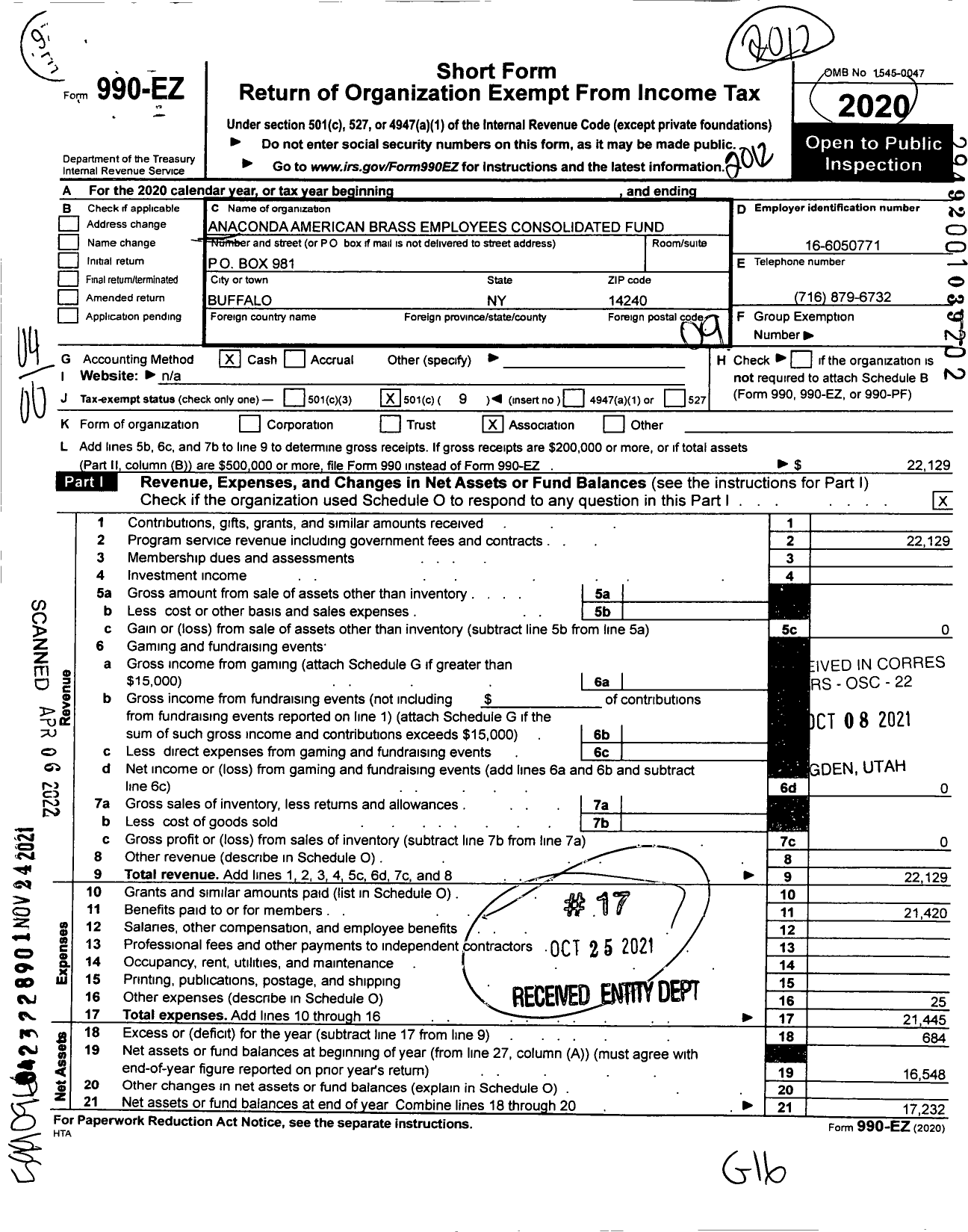 Image of first page of 2020 Form 990EO for Anaconda American Brass Employees Consolidated Fund