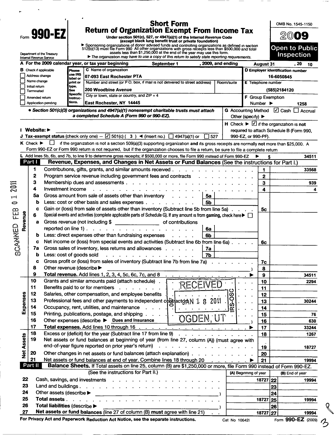 Image of first page of 2009 Form 990EZ for New York State PTA - 07-093 East Rochester PTA