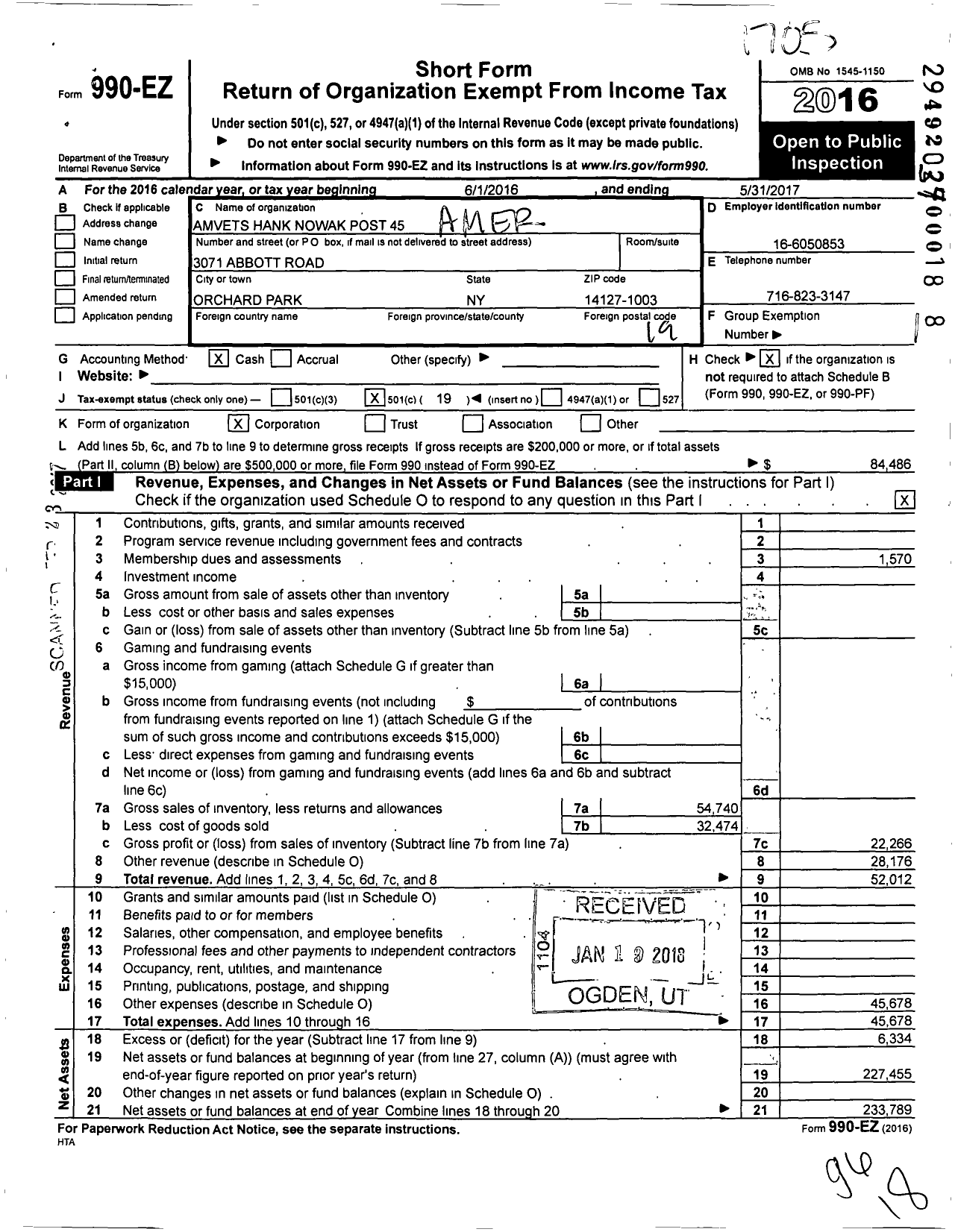 Image of first page of 2016 Form 990EO for Amvets - 0045 Ny