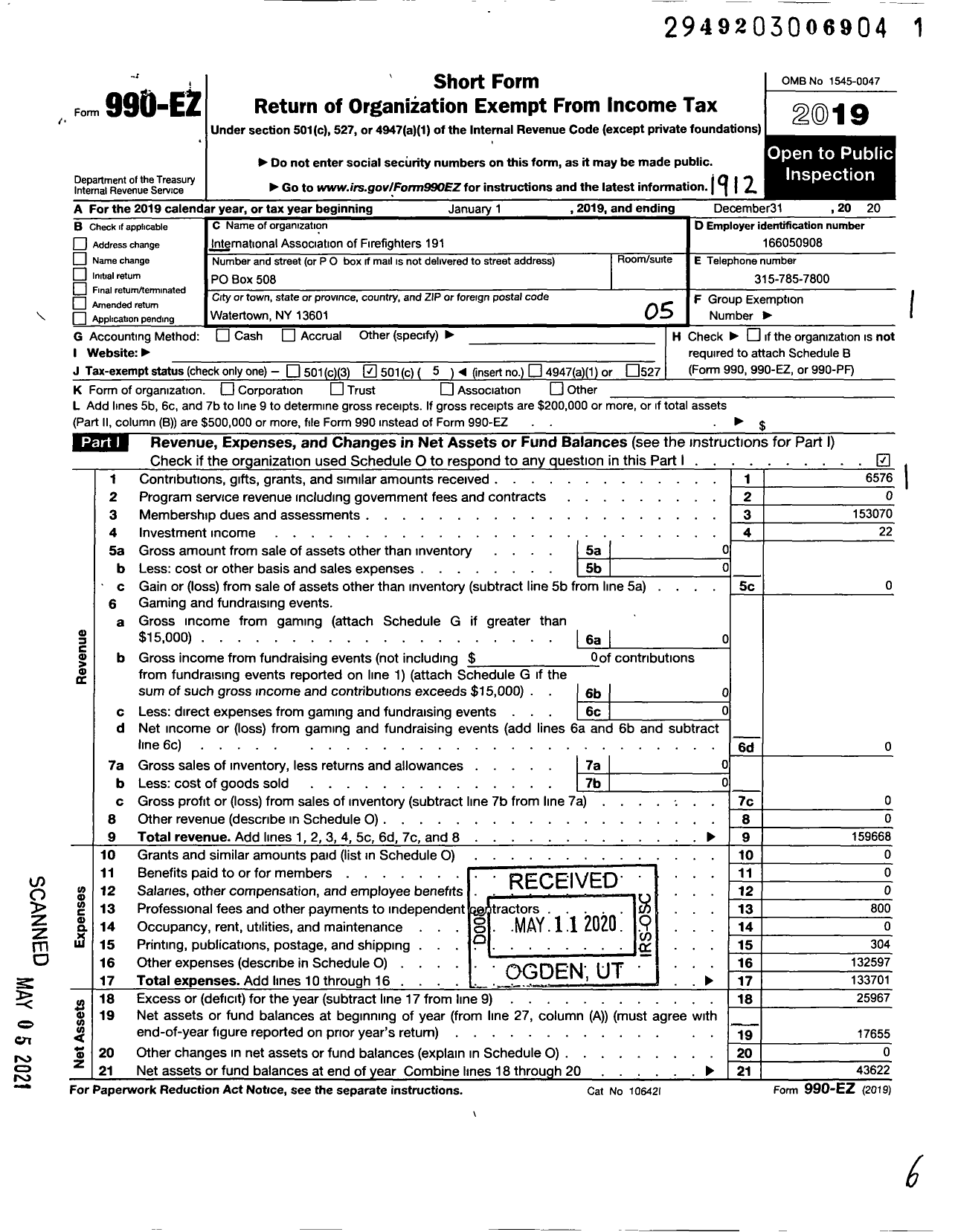 Image of first page of 2019 Form 990EO for International Association of Fire Fighters - L0191 Watertown