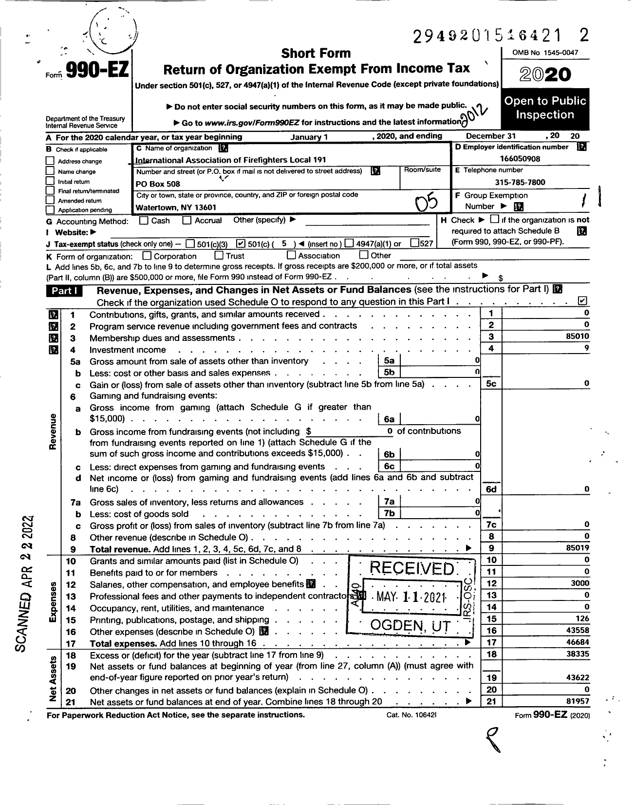 Image of first page of 2020 Form 990EO for International Association of Fire Fighters - L0191 Watertown