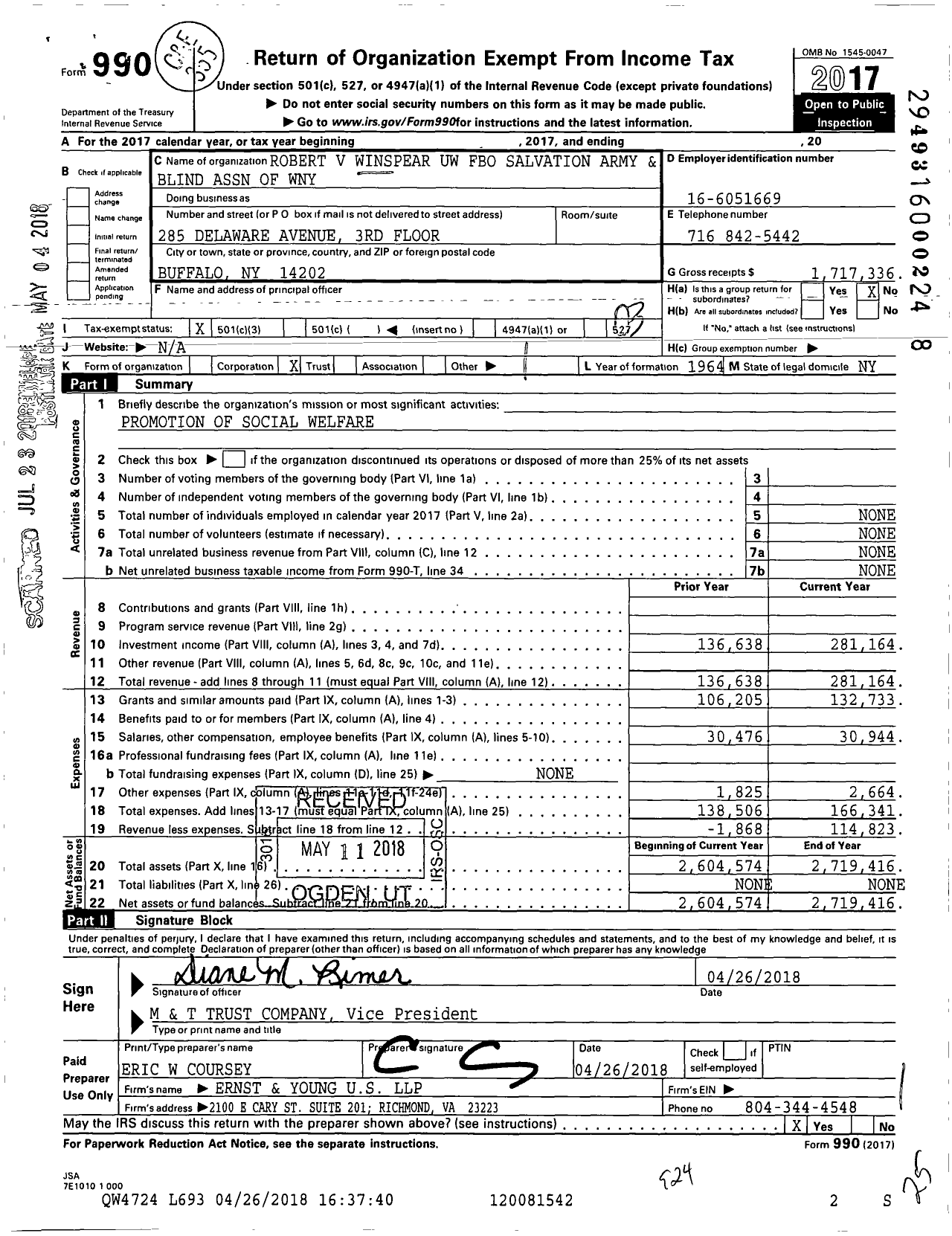 Image of first page of 2017 Form 990 for Robert V Winspear Uw Fbo Salvation Army