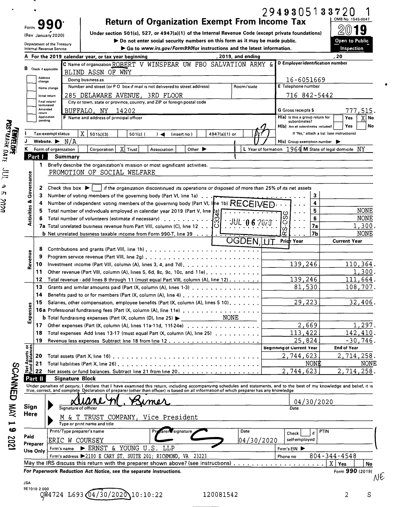 Image of first page of 2019 Form 990 for Robert V Winspear Uw Fbo Salvation Army