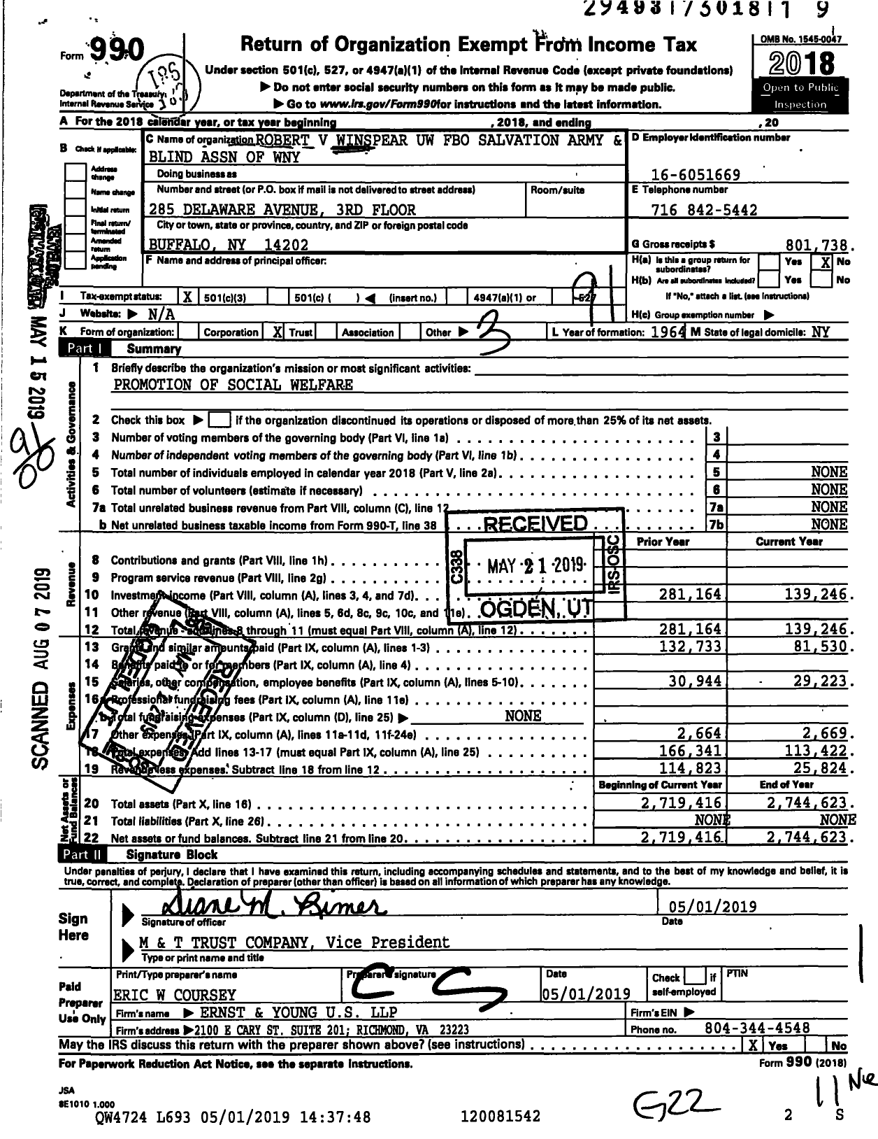 Image of first page of 2018 Form 990O for Robert V Winspear Uw Fbo Salvation Army