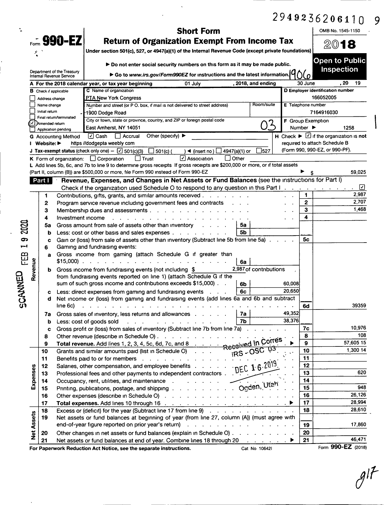 Image of first page of 2018 Form 990EZ for New York State PTA - 19-242 Dodge Elementary School PTA