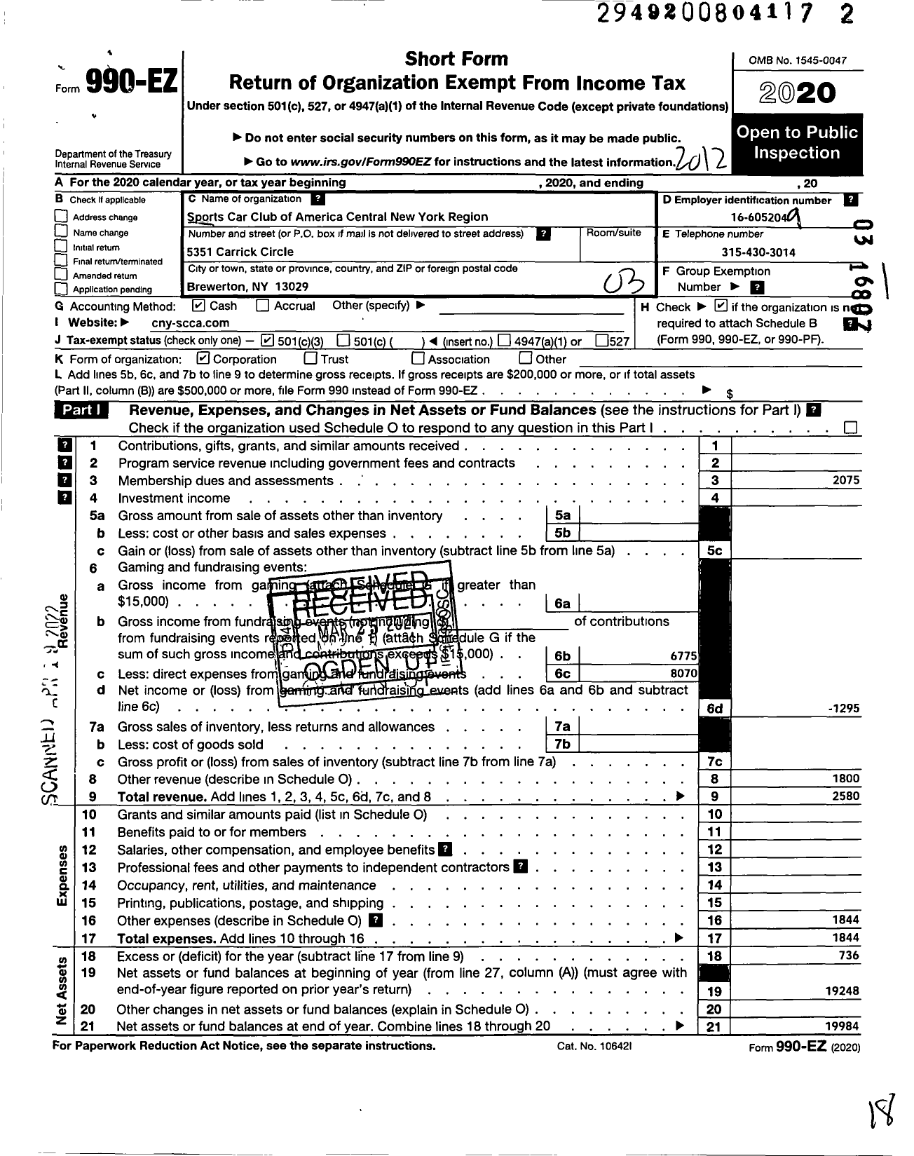 Image of first page of 2020 Form 990EZ for Sports Car Club of America of Central New York Region