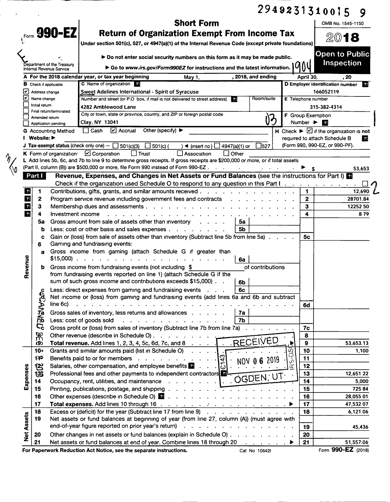 Image of first page of 2018 Form 990EZ for Sweet Adelines International - Spirit of Syracuse