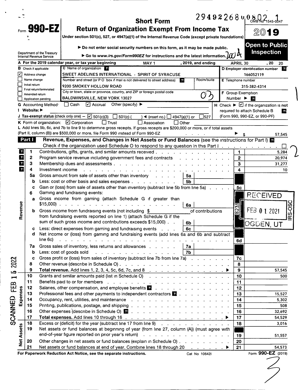 Image of first page of 2019 Form 990EZ for Sweet Adelines International - Spirit of Syracuse