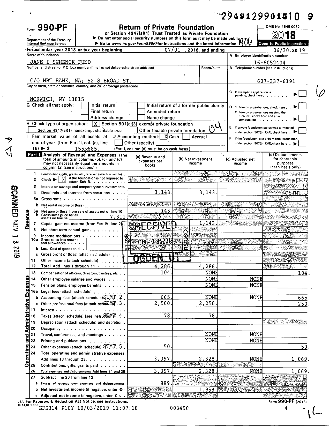 Image of first page of 2018 Form 990PF for Jane I Schenck Fund