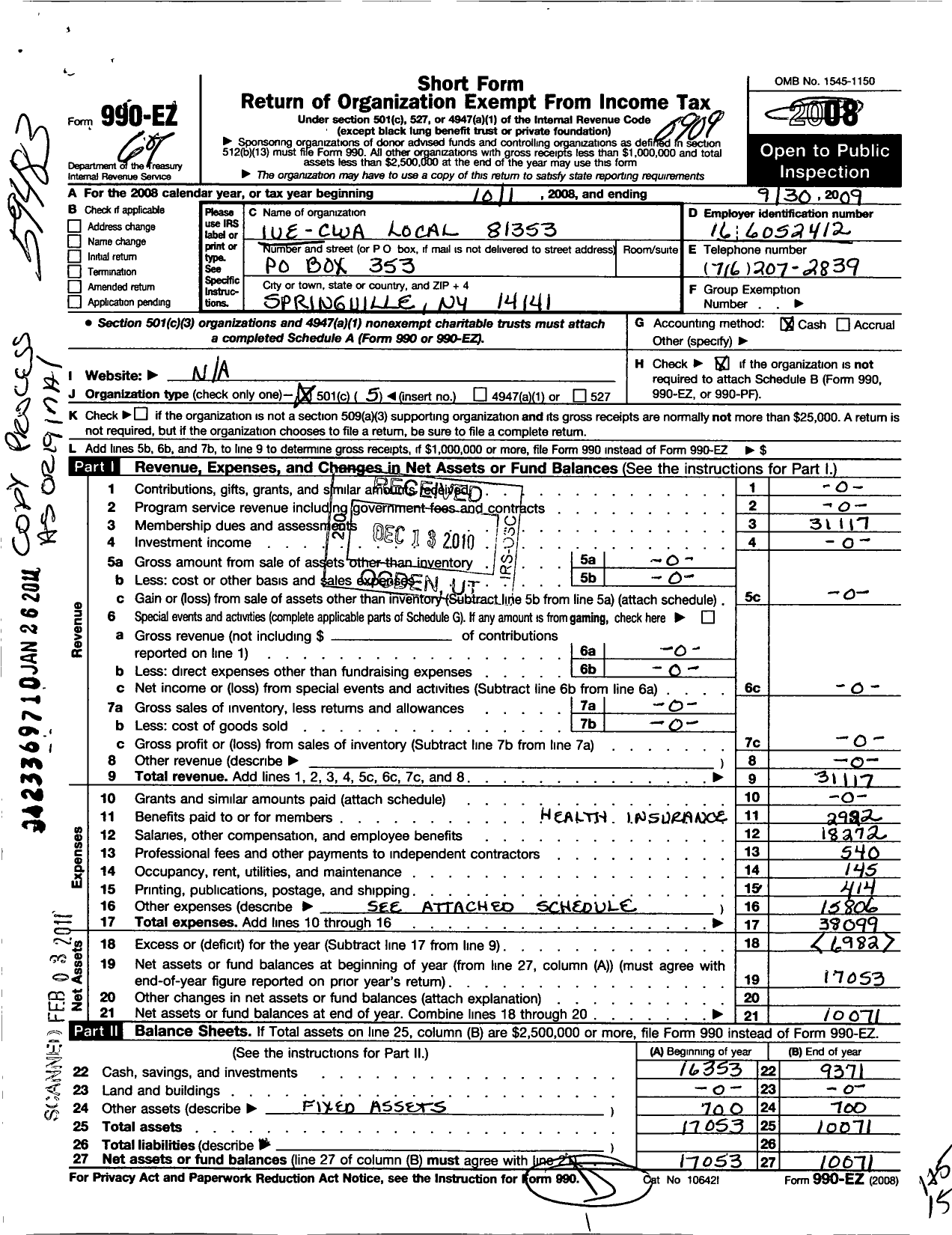 Image of first page of 2008 Form 990EO for Communications Workers of America - 81353 Local