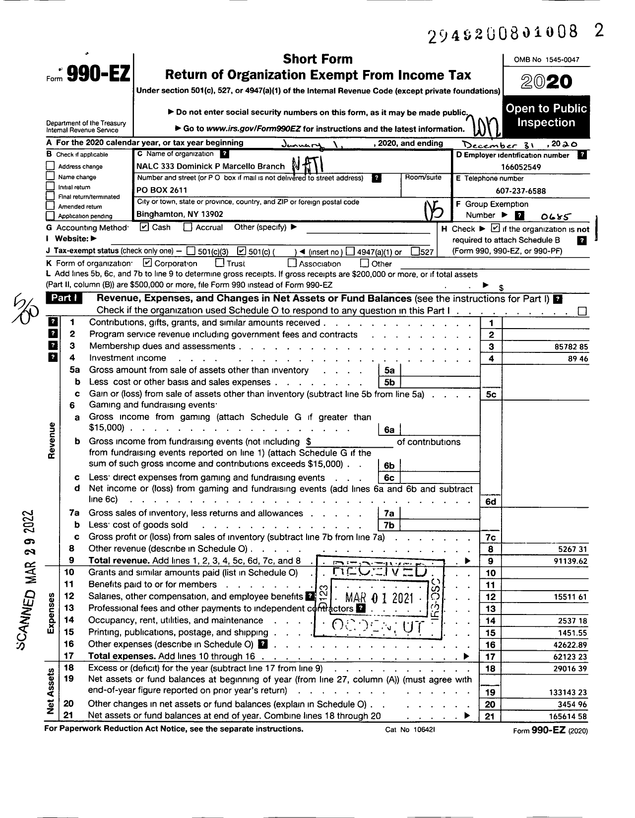 Image of first page of 2020 Form 990EO for National Association of Letter Carriers - 0333 Binghamton New York