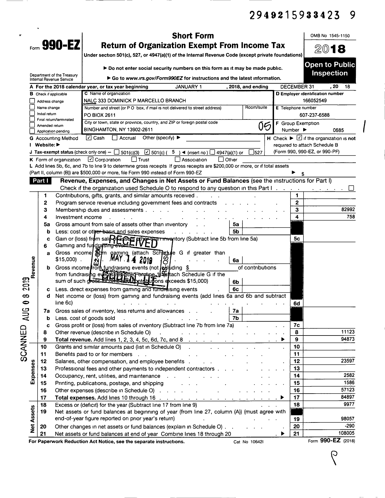 Image of first page of 2018 Form 990EO for National Association of Letter Carriers - 0333 Binghamton New York