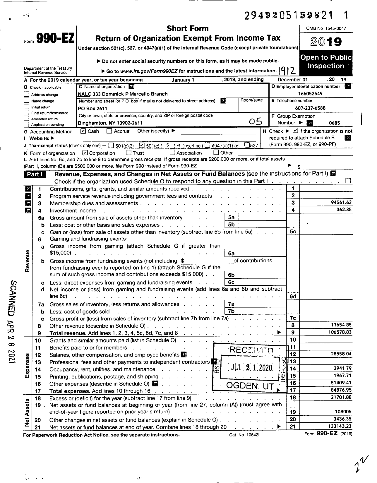 Image of first page of 2019 Form 990EO for National Association of Letter Carriers - 0333 Binghamton New York