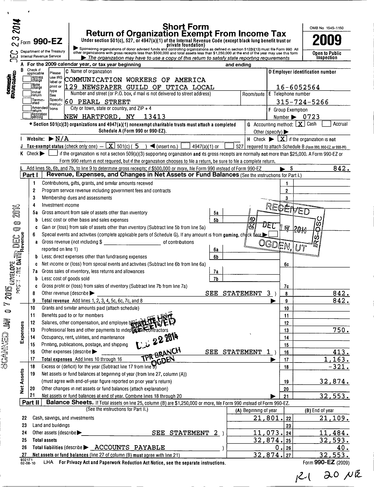 Image of first page of 2009 Form 990EO for Communication Workers of America / 129 Newspaper Guild of Utica Local