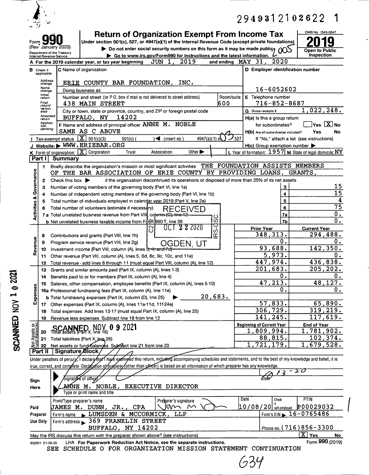 Image of first page of 2019 Form 990 for Erie County Bar Foundation