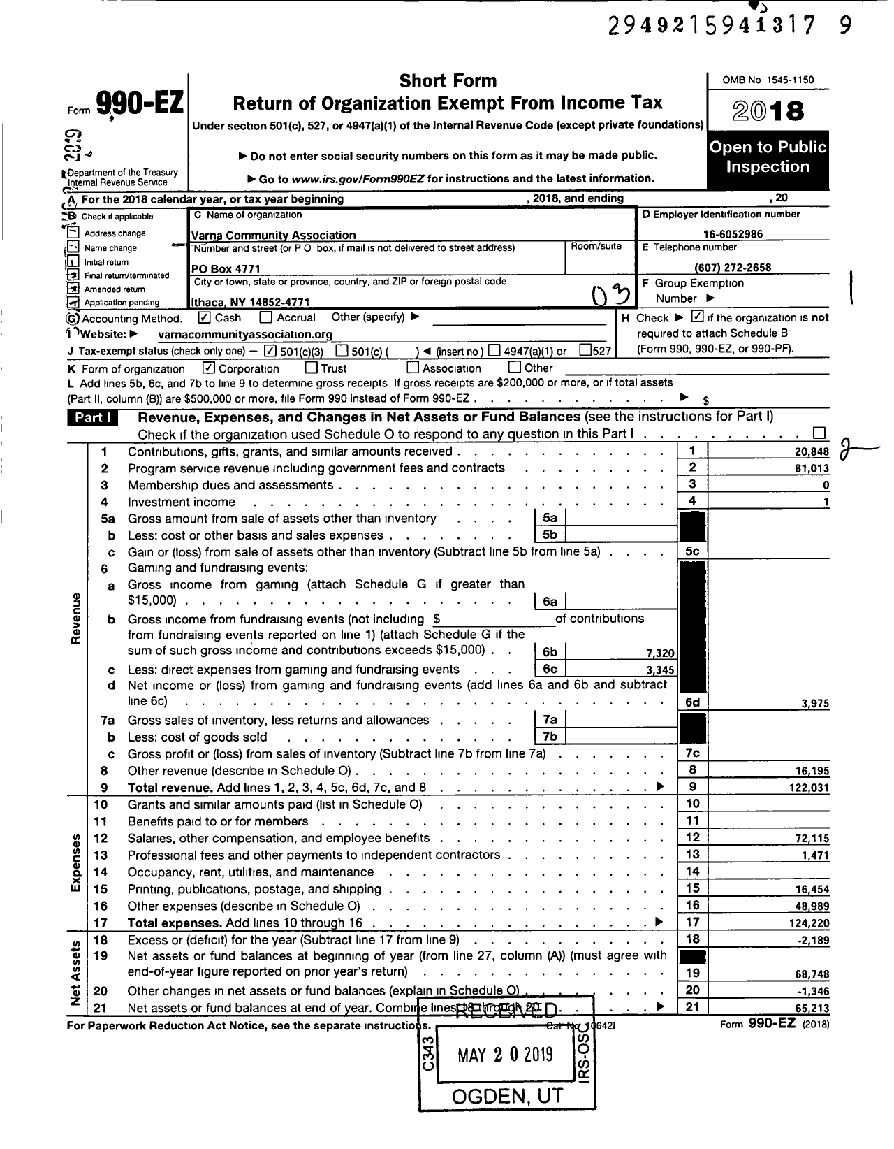 Image of first page of 2018 Form 990EZ for Varna Community Association