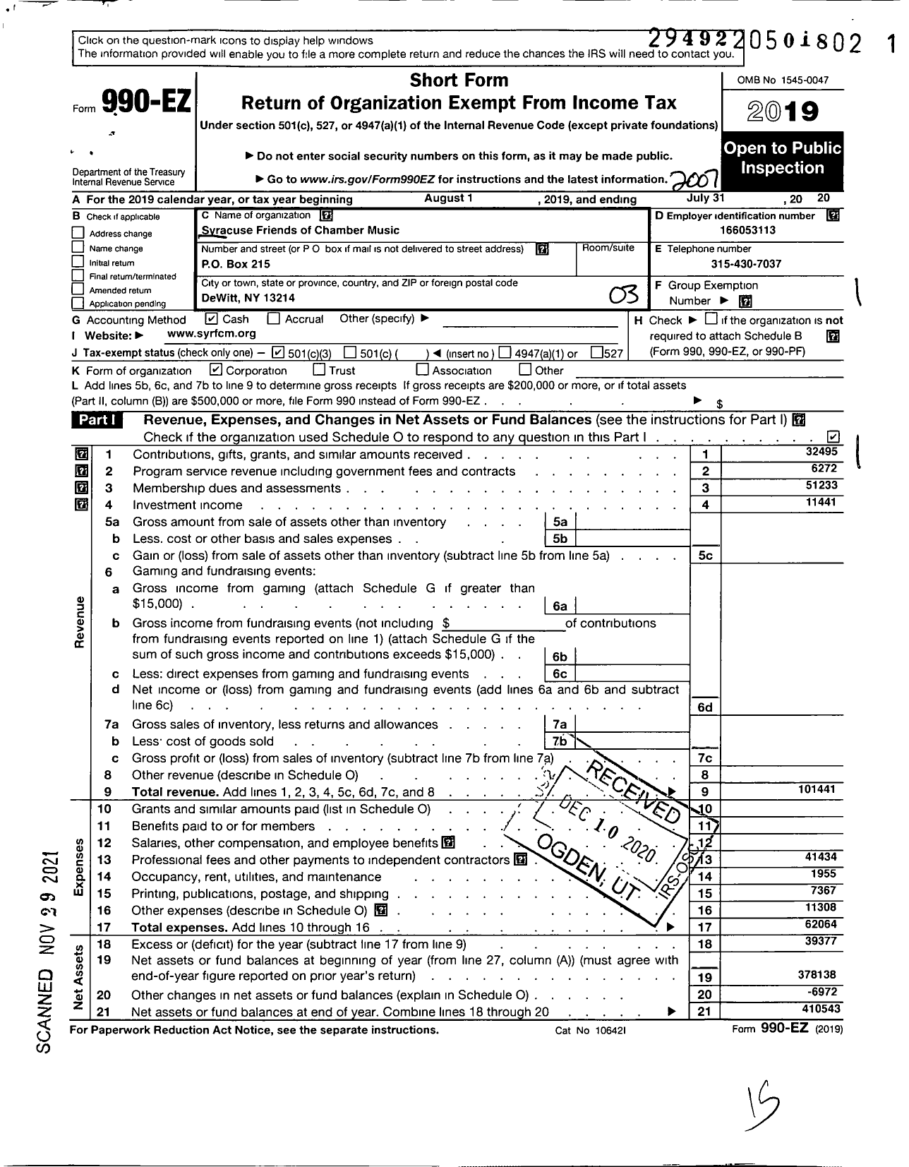 Image of first page of 2019 Form 990EZ for Syracuse Friends of Chamber Music