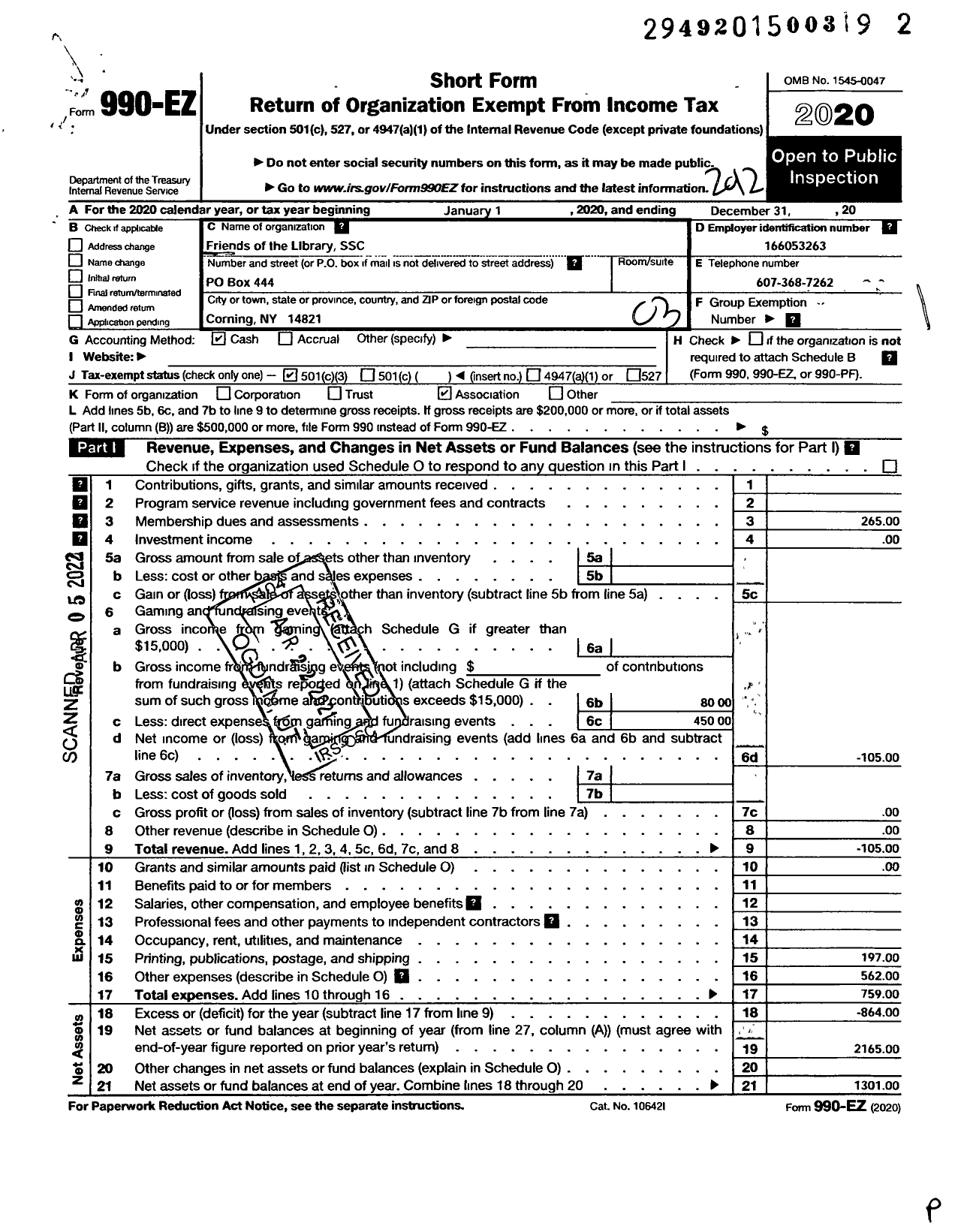 Image of first page of 2020 Form 990EZ for Friends of the Library SSC