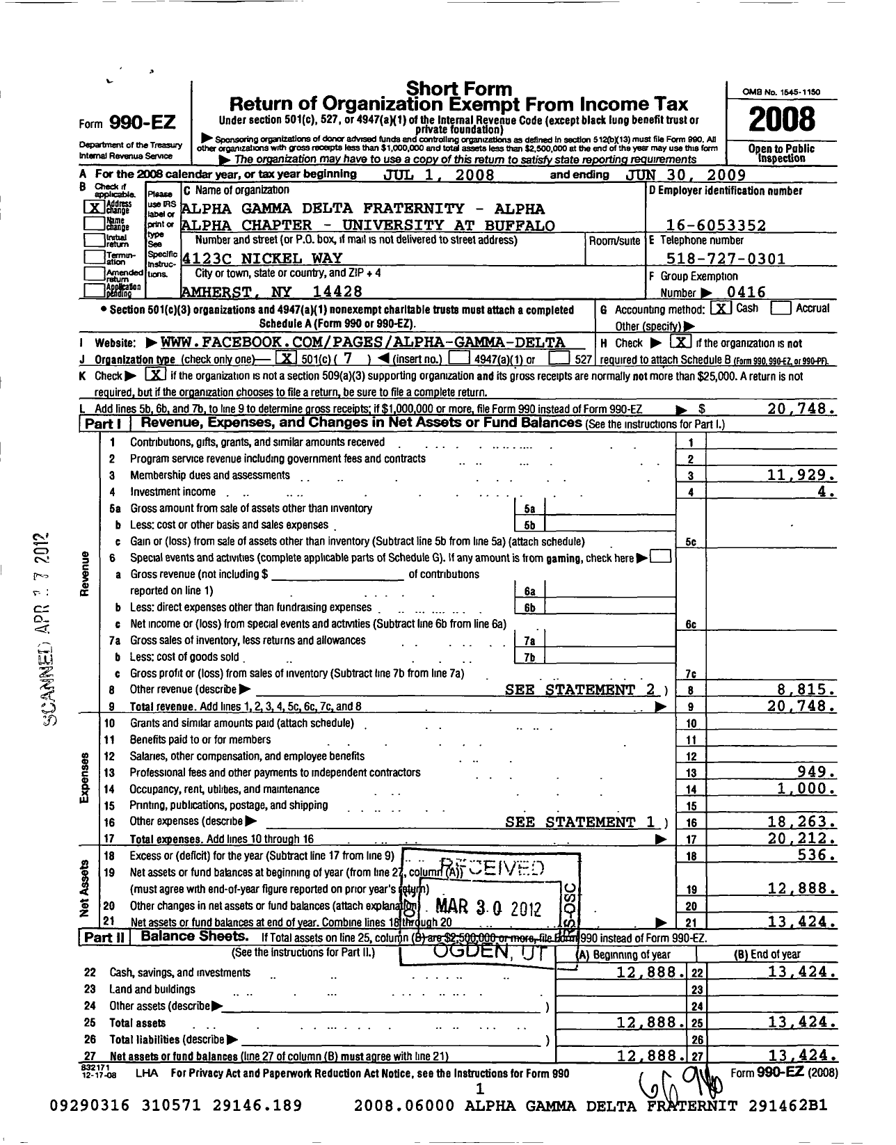 Image of first page of 2008 Form 990EO for Alpha Gamma Delta Fraternity - Alpha Alpha Chapter