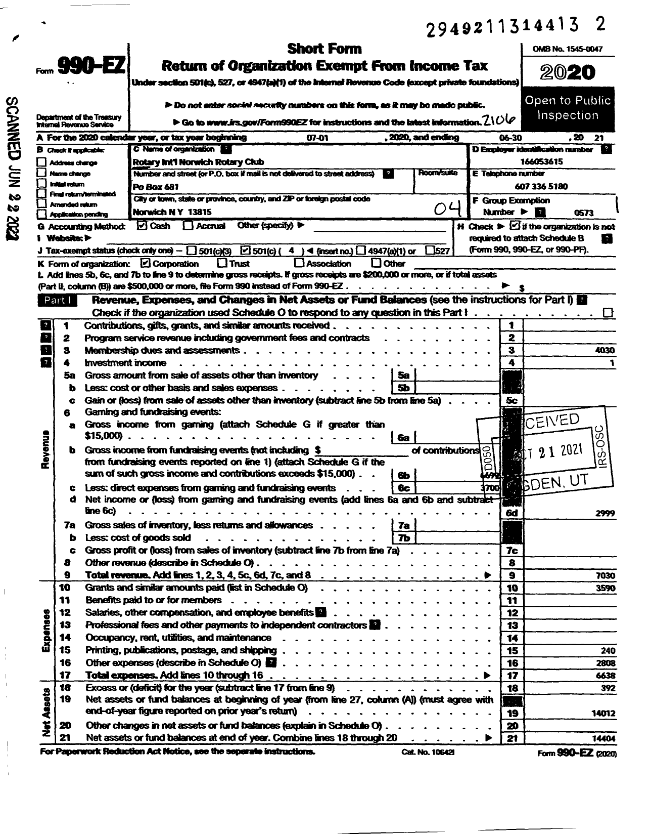 Image of first page of 2020 Form 990EO for Rotary International - Norwich Rotary Club