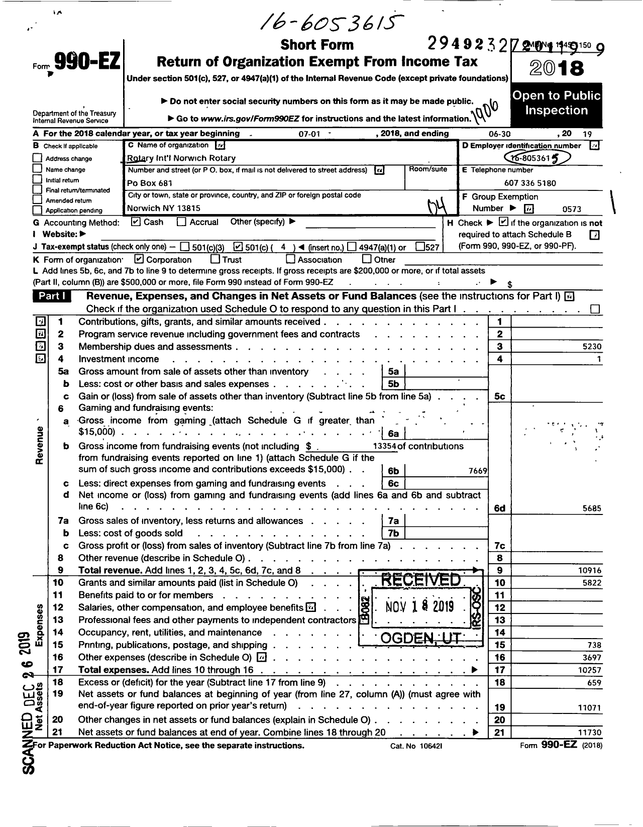 Image of first page of 2018 Form 990EO for Rotary International - Norwich Rotary Club