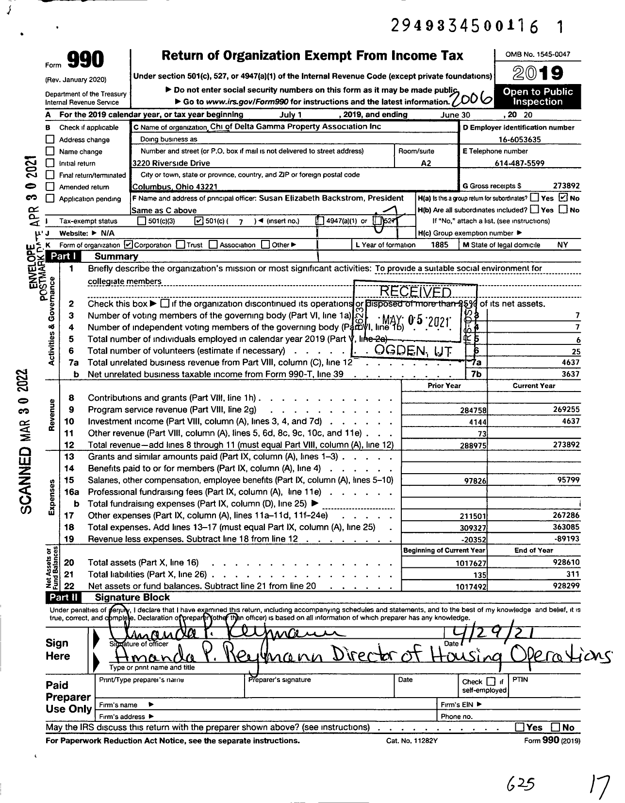 Image of first page of 2019 Form 990O for Chi of Delta Gamma Property As
