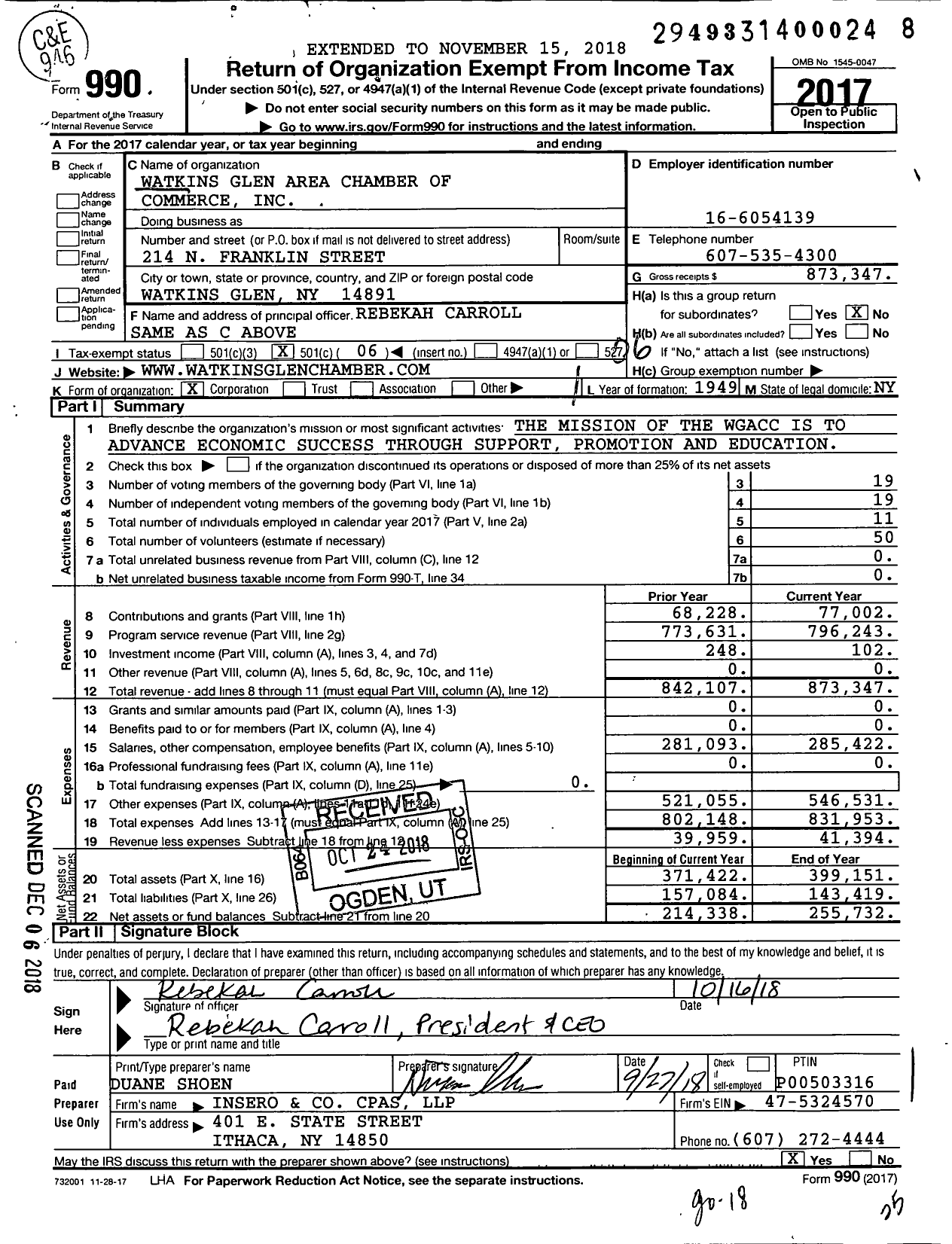 Image of first page of 2017 Form 990O for Watkins Glen Area Chamber of Commerce