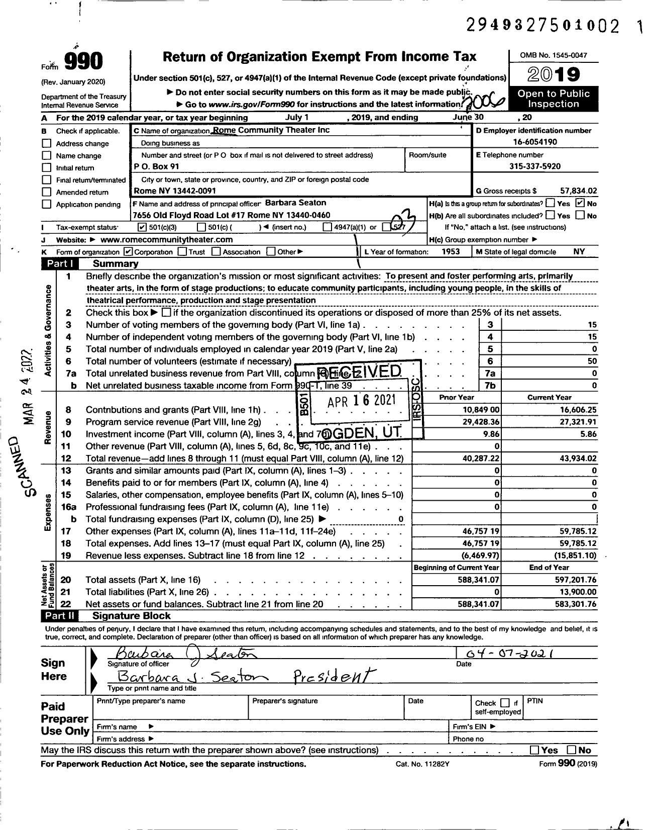 Image of first page of 2019 Form 990 for Rome Community Theater