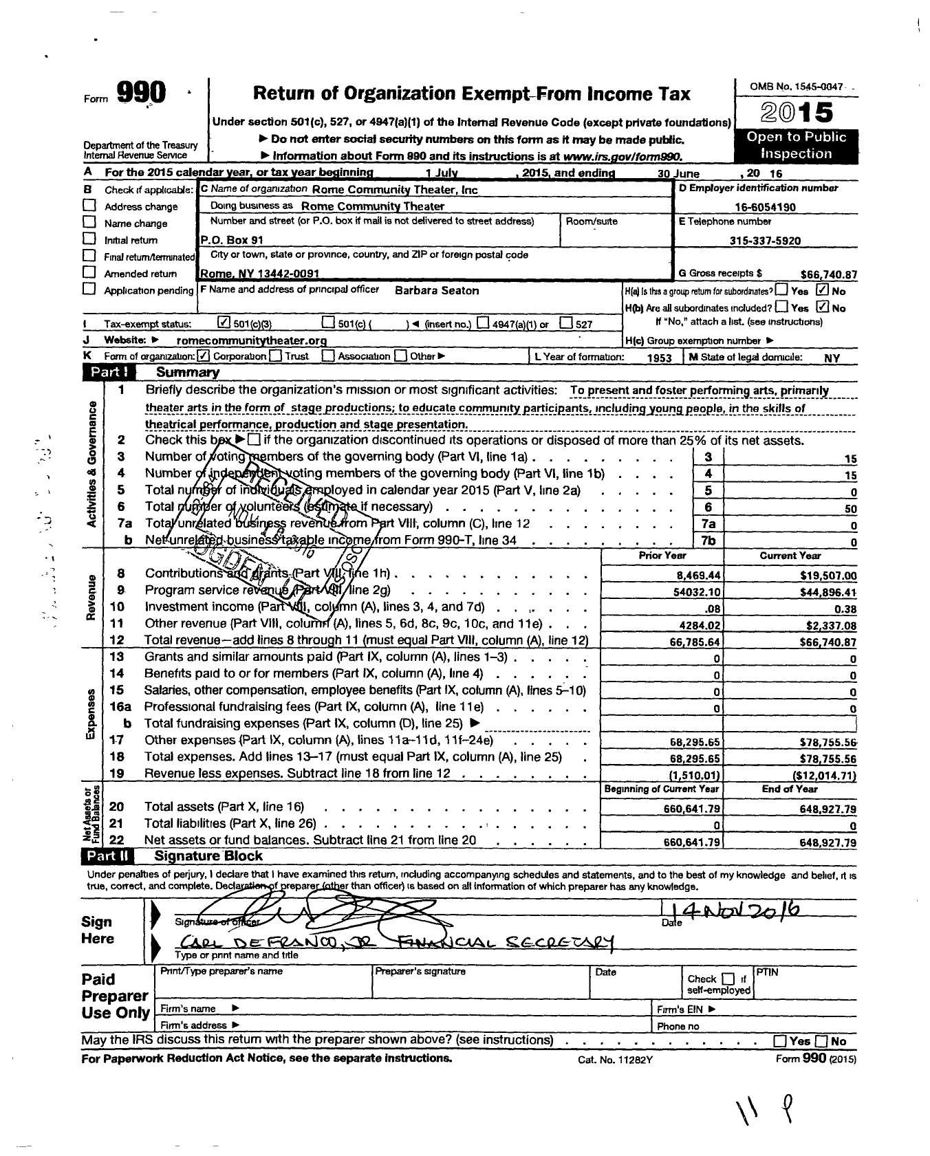 Image of first page of 2015 Form 990 for Rome Community Theater