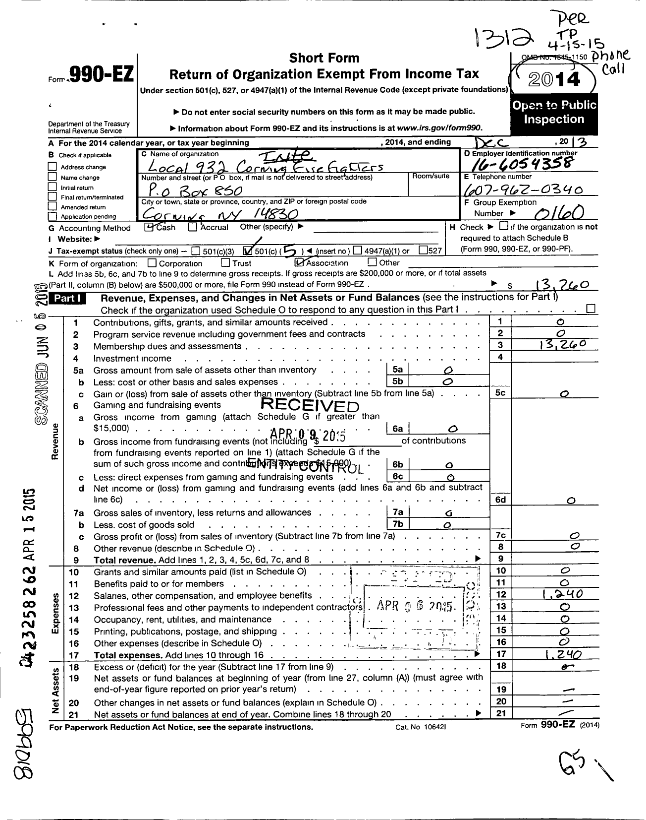 Image of first page of 2013 Form 990EO for International Association of Fire Fighters / L0932 Corning