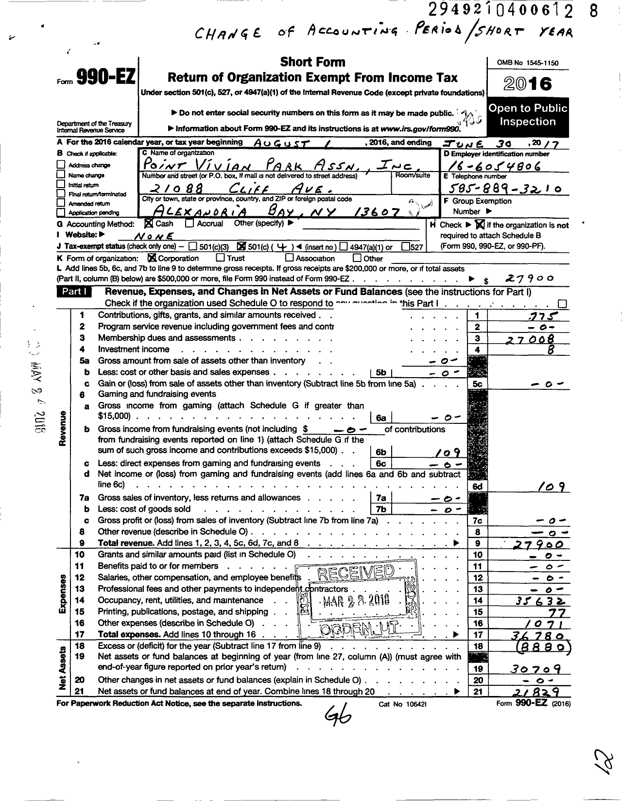 Image of first page of 2016 Form 990EO for Point Vivian Park Ass
