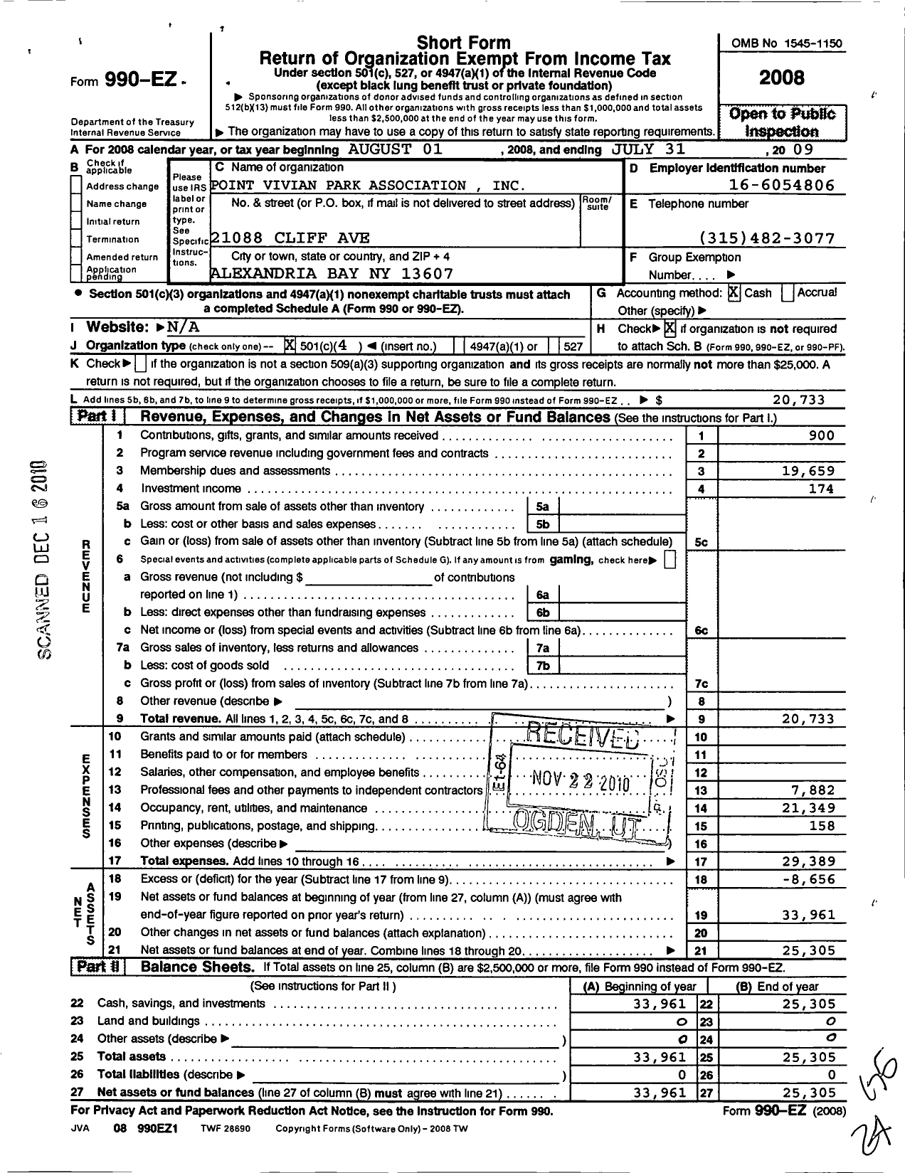 Image of first page of 2008 Form 990EO for Point Vivian Park Ass