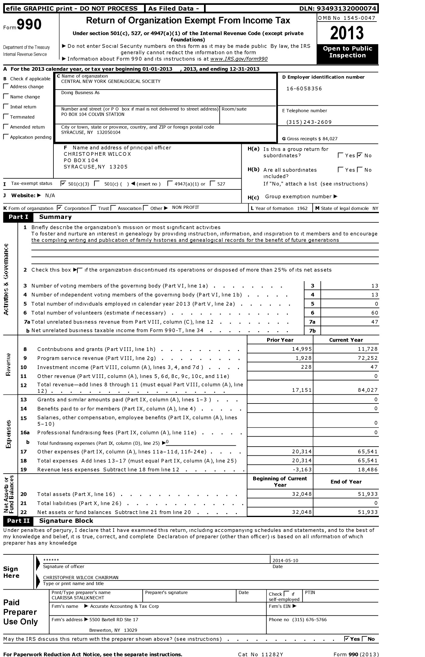 Image of first page of 2013 Form 990 for Central New York Genealogical Society