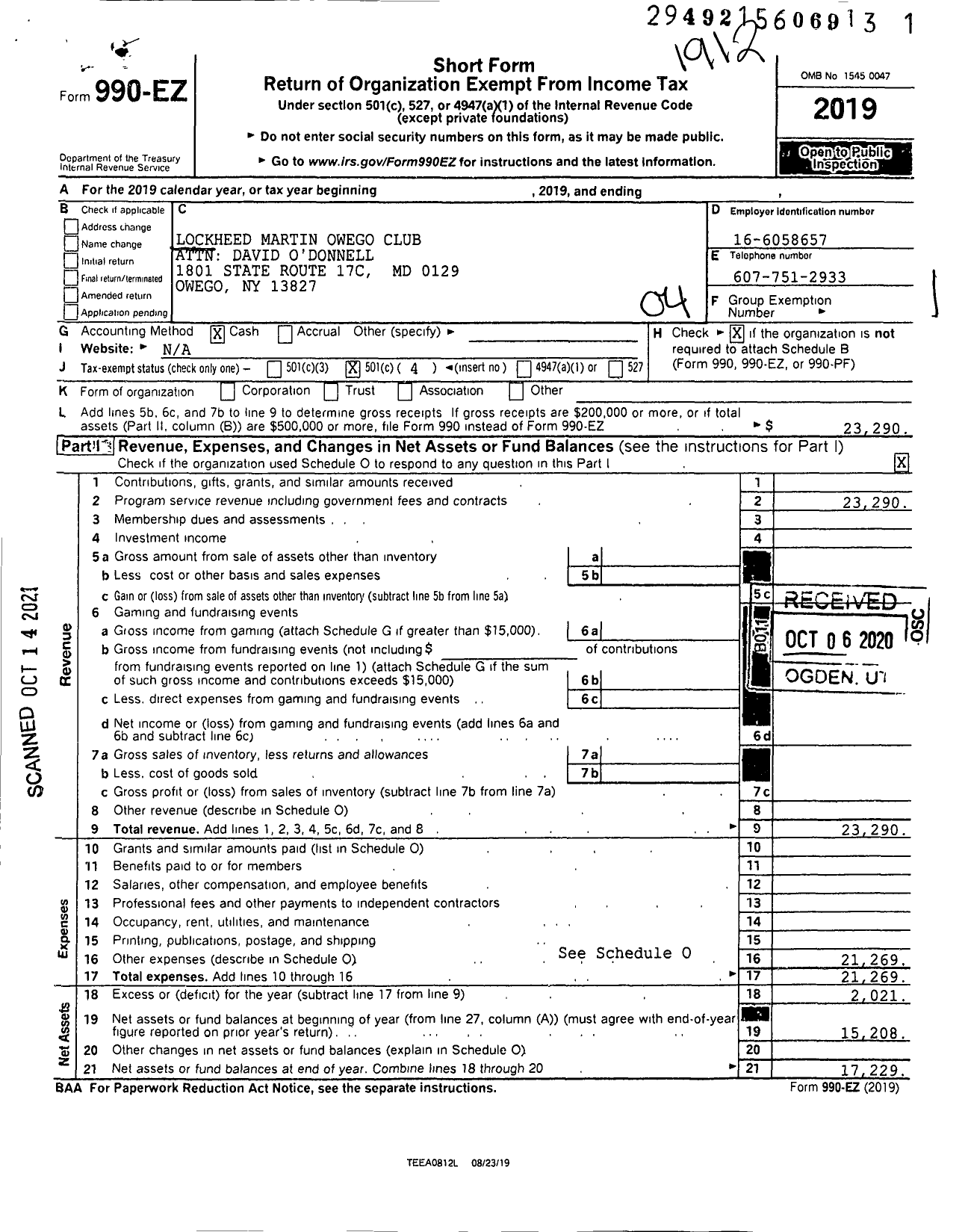 Image of first page of 2019 Form 990EO for Lockheed Martin Owego Club Attn David Odonnell