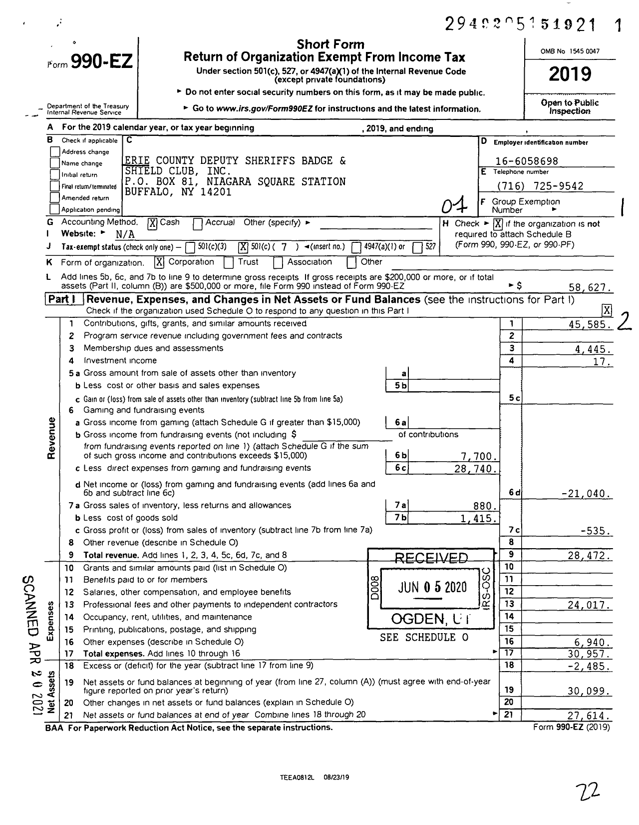 Image of first page of 2019 Form 990EO for Erie County Deputy Sheriffs Badge and Shield Club