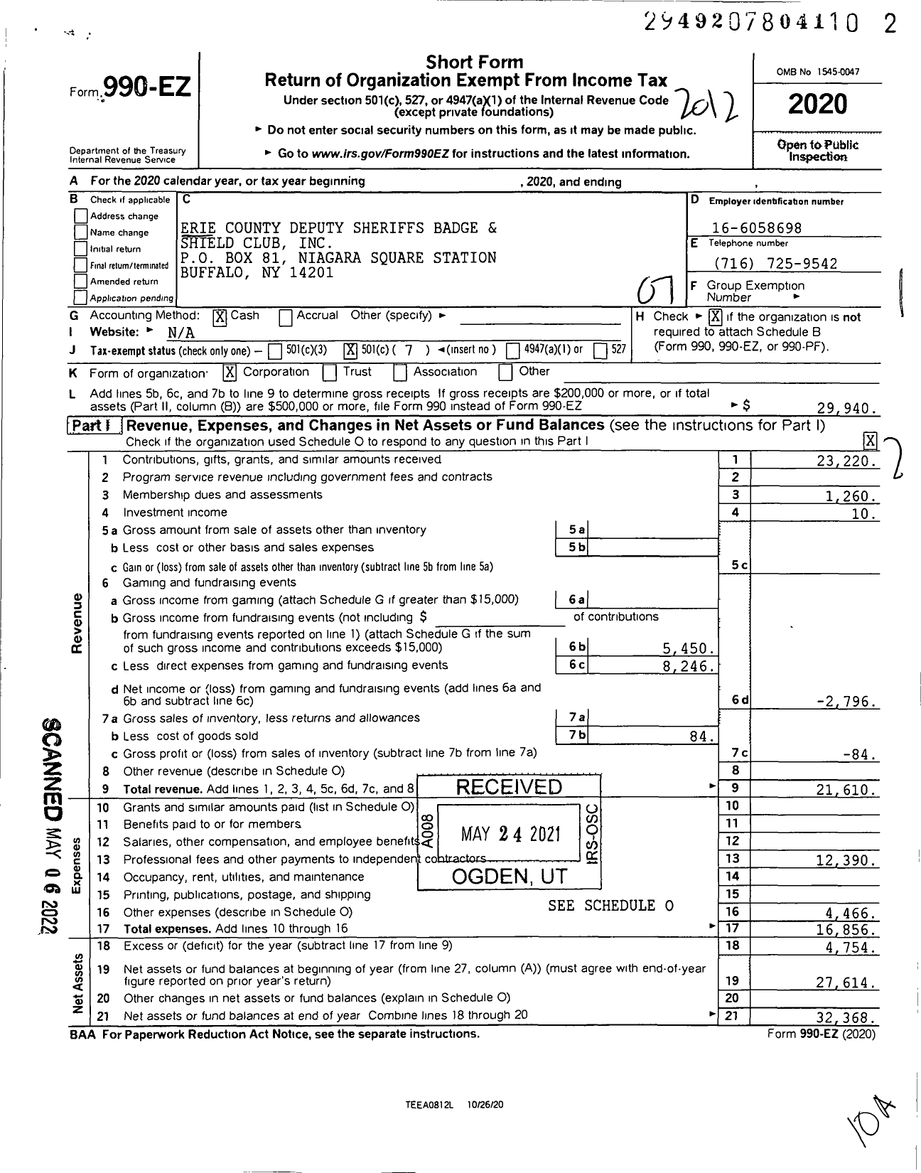 Image of first page of 2020 Form 990EO for Erie County Deputy Sheriffs Badge and Shield Club