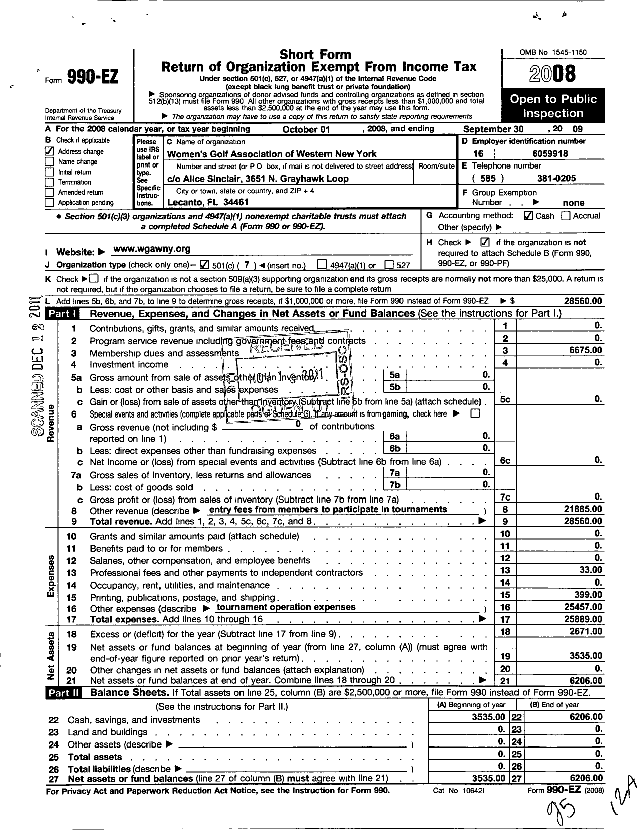 Image of first page of 2008 Form 990EO for Womens Golf Association of Western New York