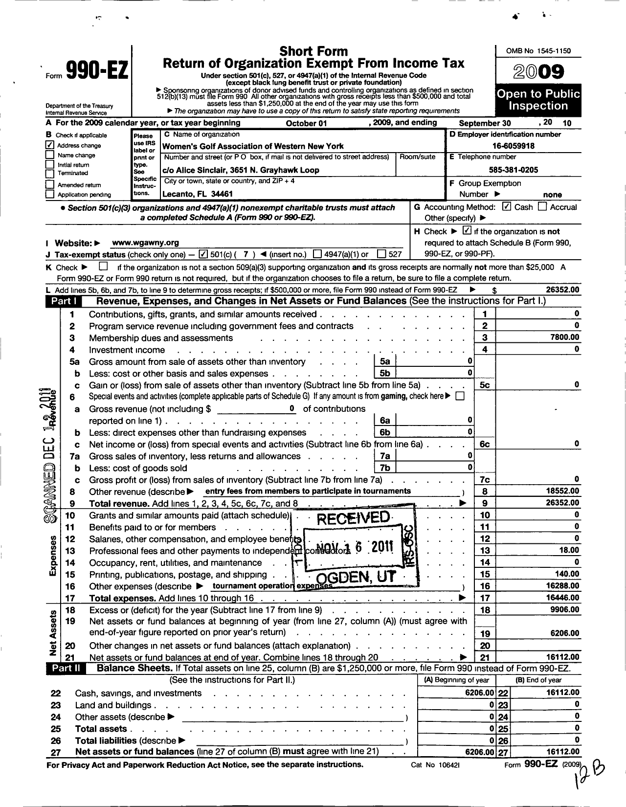 Image of first page of 2009 Form 990EO for Womens Golf Association of Western New York