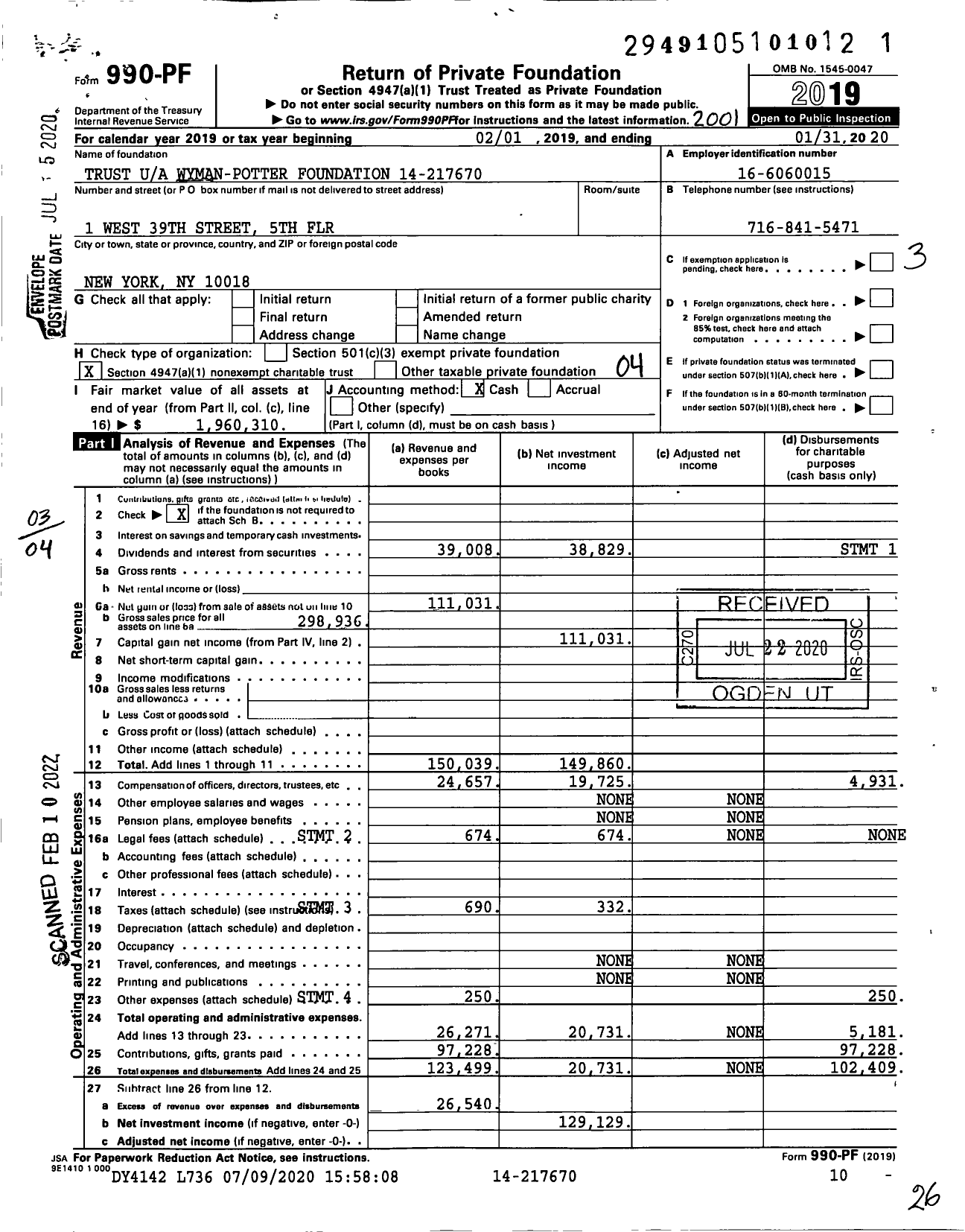 Image of first page of 2019 Form 990PF for Trust Wyman-Potter Foundation 14-217670