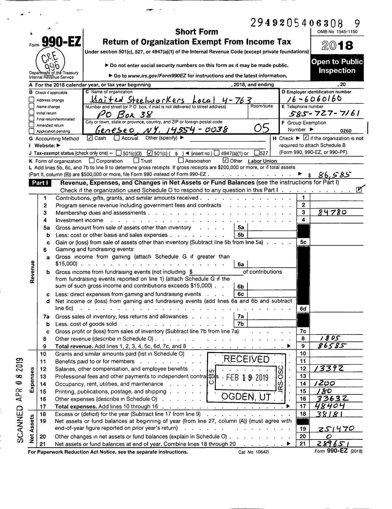 Image of first page of 2018 Form 990EO for United Steelworkers - 00763 Local