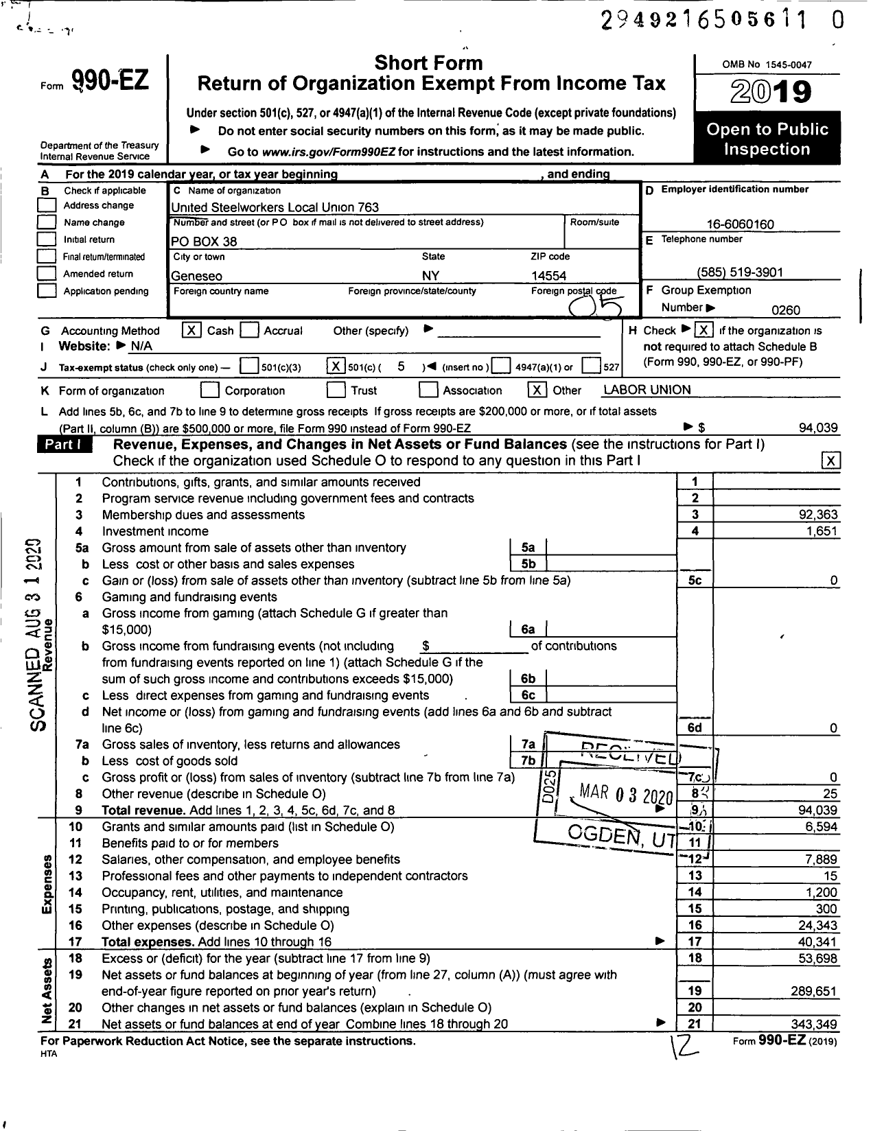 Image of first page of 2019 Form 990EO for United Steelworkers - 00763 Local