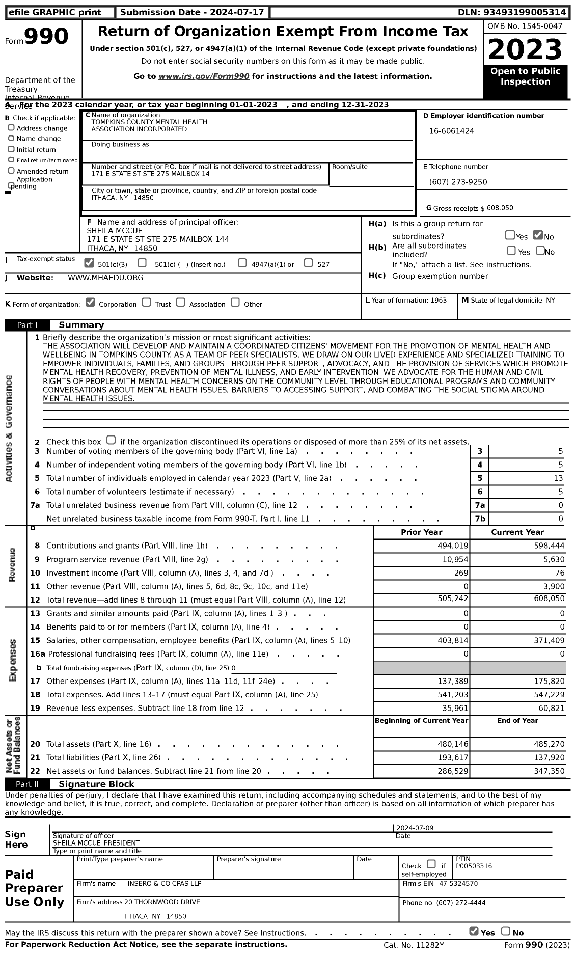 Image of first page of 2023 Form 990 for Tompkins County Mental Health Association Incorporated