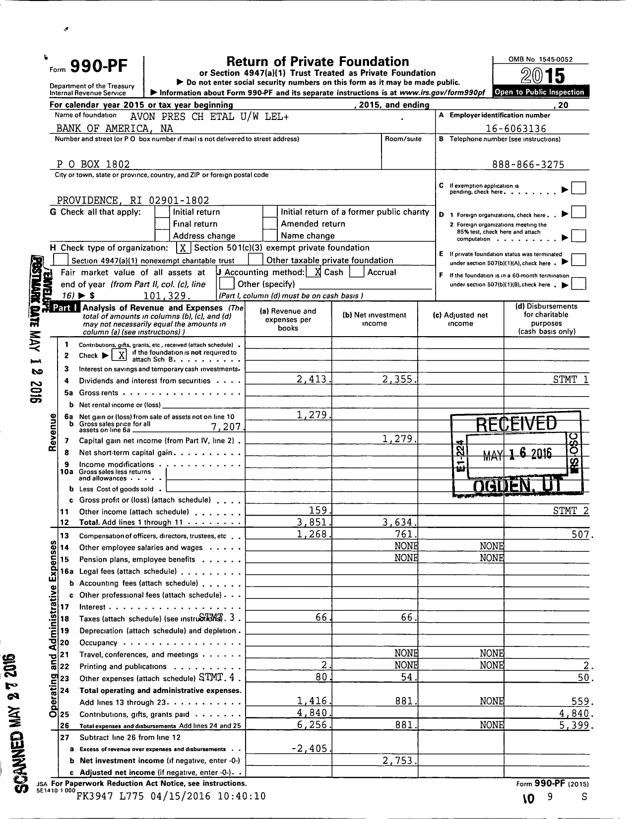 Image of first page of 2015 Form 990PF for Avon Pres CH Etal Uw Lel