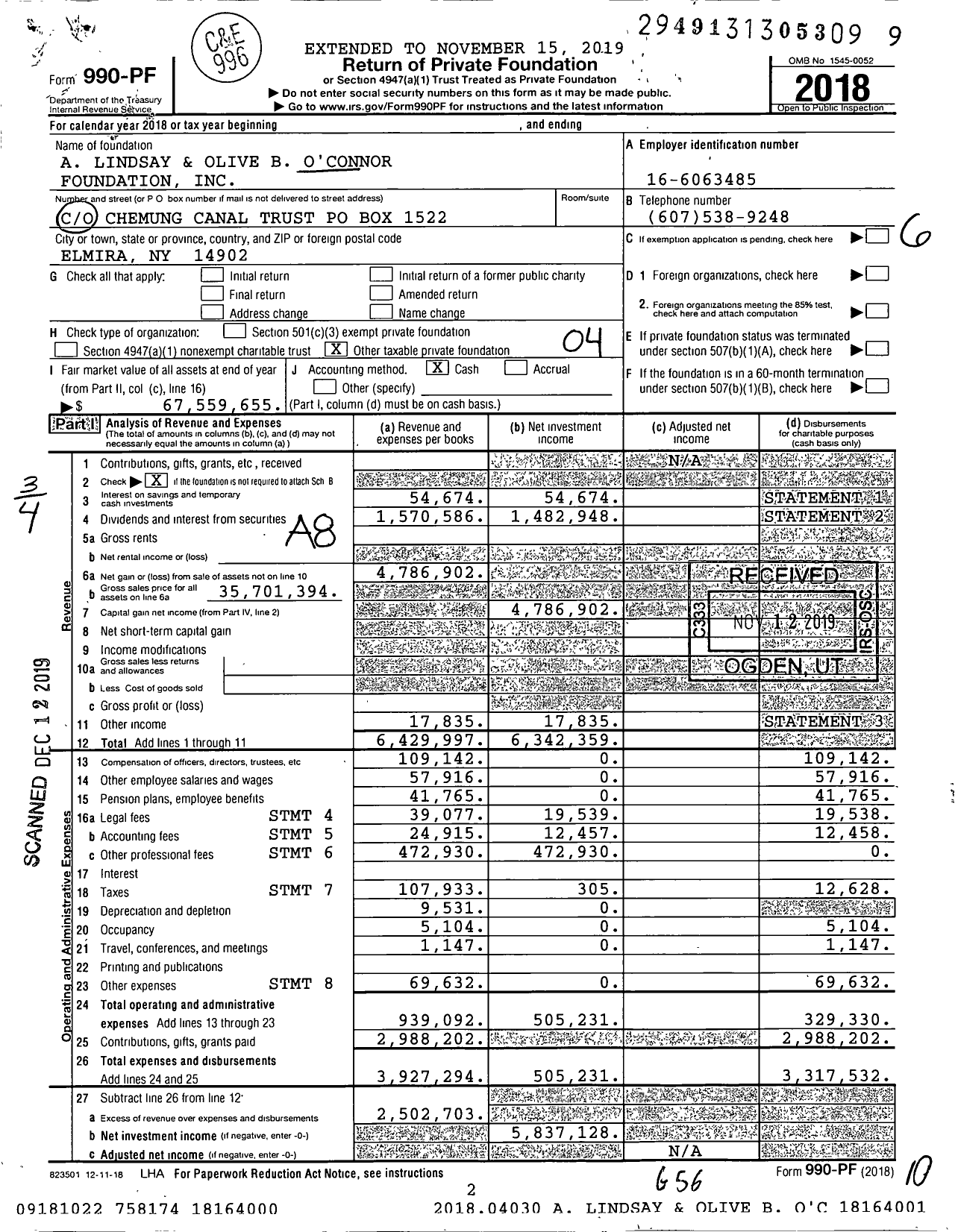 Image of first page of 2018 Form 990PF for A. Lindsay & Olive B. O'Connor Foundation