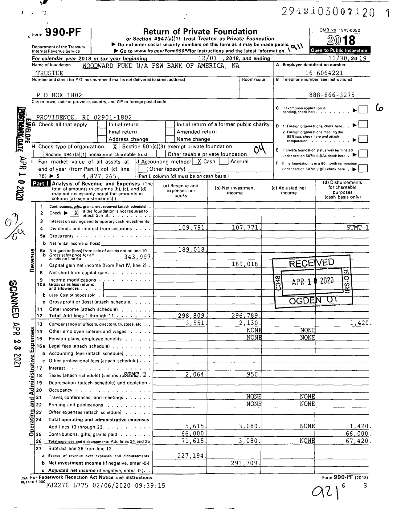 Image of first page of 2018 Form 990PF for Woodward Fund FSW Bank of America Na