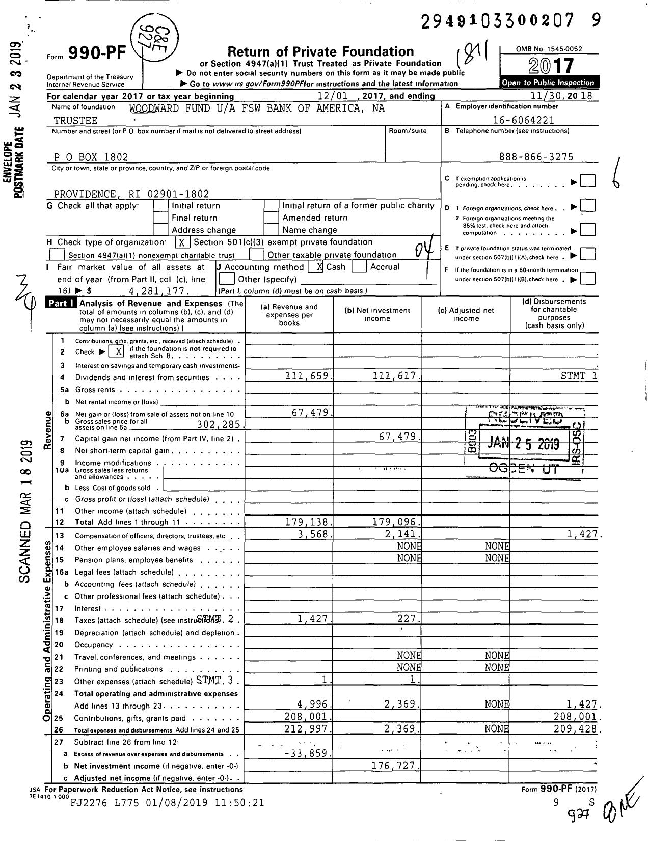 Image of first page of 2017 Form 990PF for Woodward Fund FSW Bank of America Na
