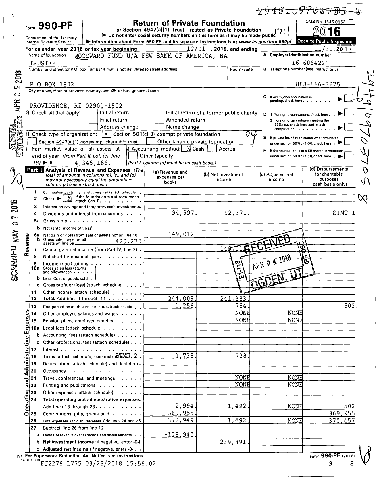 Image of first page of 2016 Form 990PF for Woodward Fund FSW Bank of America Na