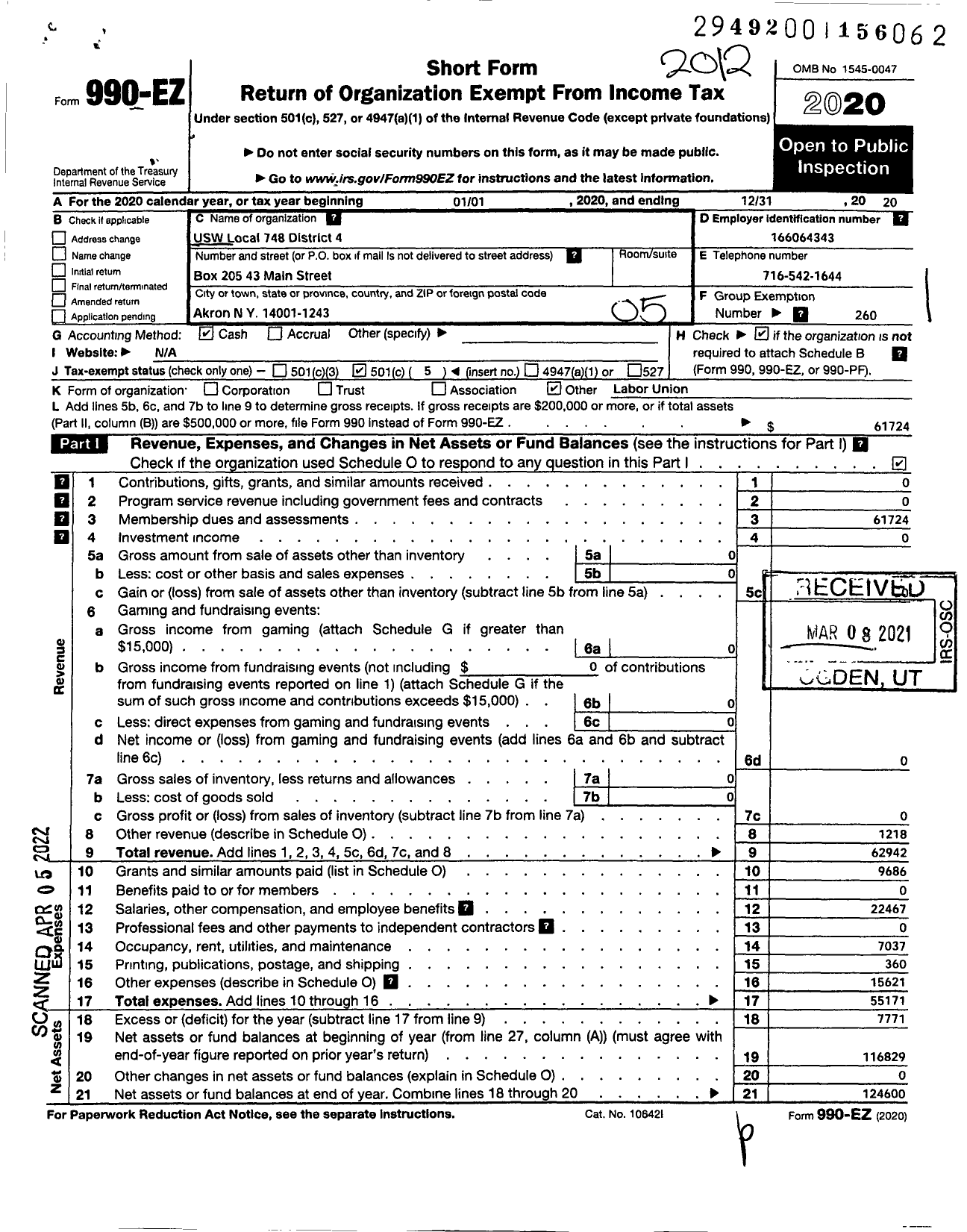 Image of first page of 2020 Form 990EO for United Steelworkers - 00748 Local