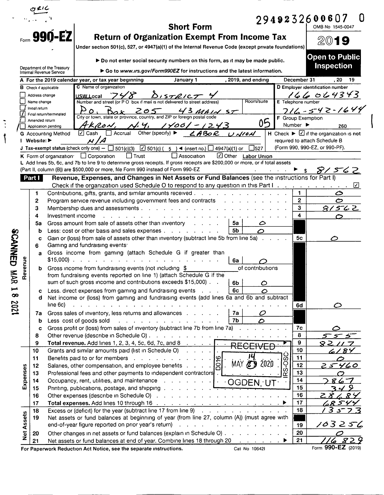 Image of first page of 2019 Form 990EO for United Steelworkers - 00748 Local